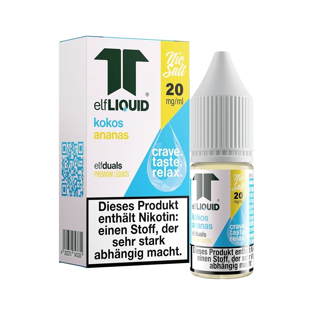 Elf Liquid Nikotinsalz - Kokos Ananas Elf Liquid Nikotinsalz Kokos Ananas 20 mg/ml Flasche und Verpackung mit Warnhinweis und Branding-Elementen sichtbar