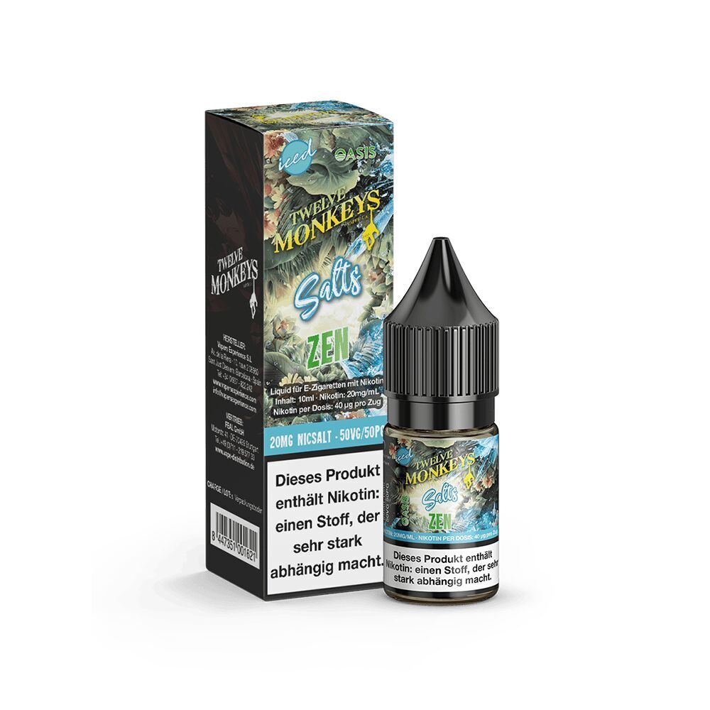 Liquid Zen 20mg - Twelve Monkeys Flasche Twelve Monkeys Nikotinsalz Zen 20mg vor Verpackung, bunte Dschungel-Motive, Warnhinweis auf Nikotin-Abhängigkeit sichtbar.
