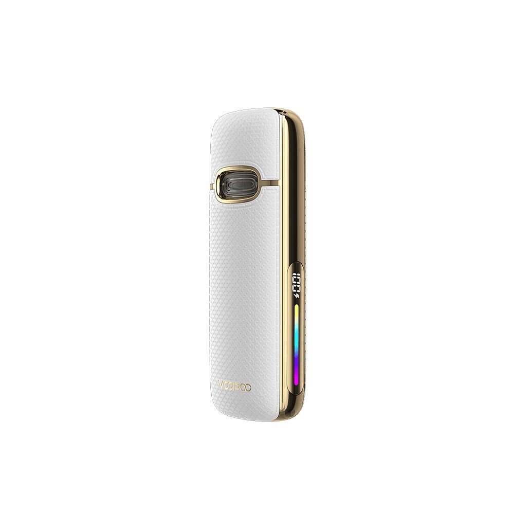 Voopoo Vmate E2 Pod Kit in der Farbe Seashell White Voopoo Vmate E2 Pod Kit in Seashell White mit texturierter Oberfläche, goldfarbenen Akzenten, sichtbarem Display und VooPoo-Logo.