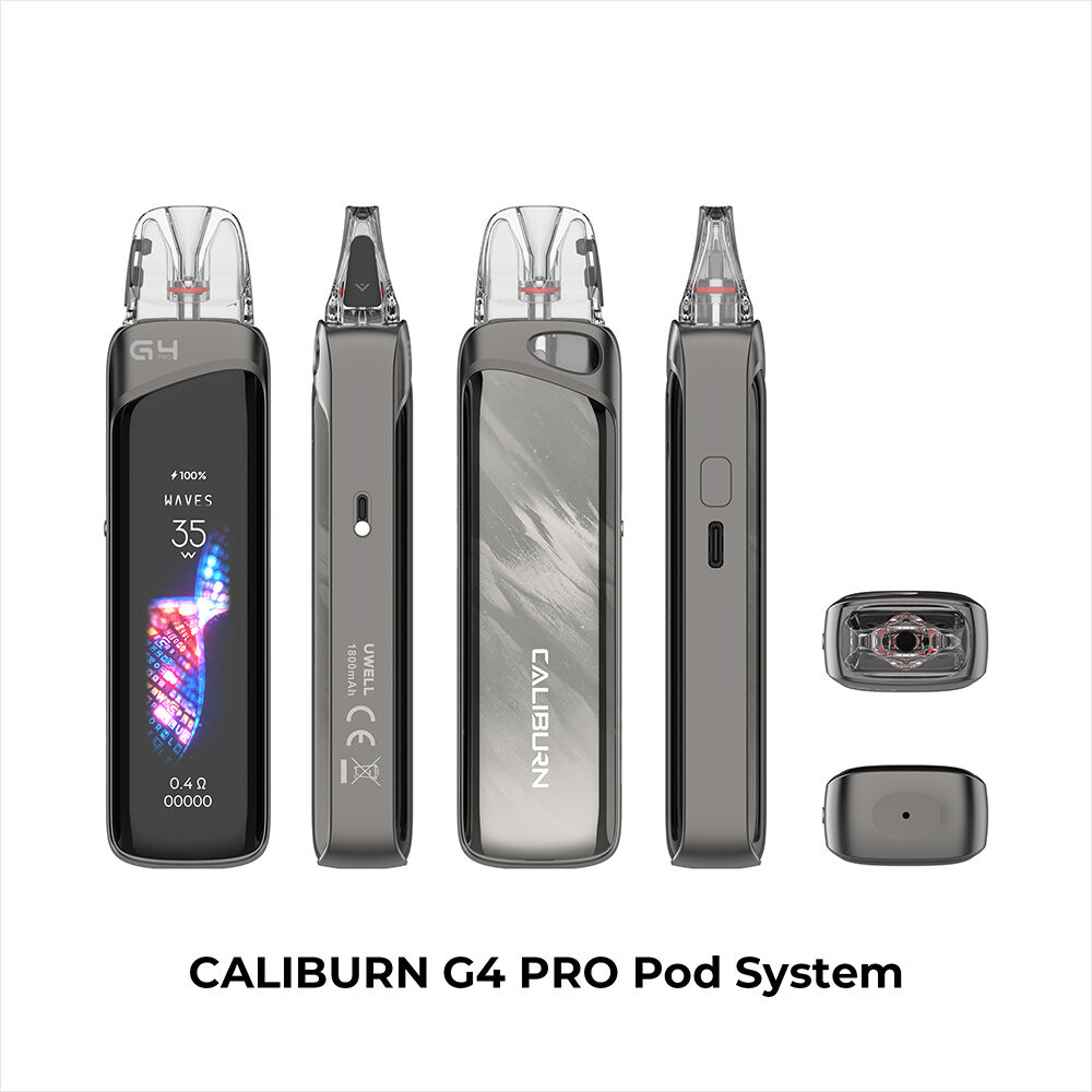 Uwell Caliburn G4 Pro Pod Kit - Iron Gray Uwell Caliburn G4 Pro Pod Kit in Iron Gray, zeigt Front, Seiten und Rückansicht des Geräts mit Display-Anzeige, Pods und Branding-Details.