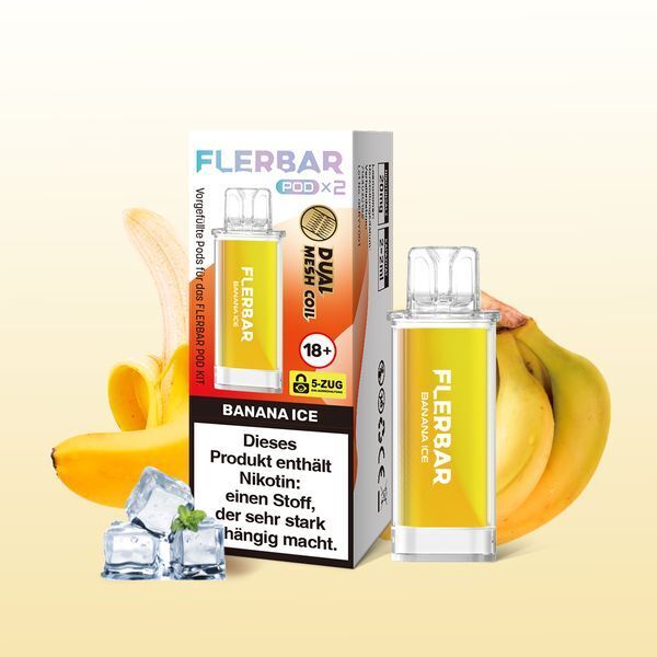 Banana Ice 20mg - Flerbar Pods Flerbar Pods Banana Ice 20mg vor Bananen und Eiswürfeln, Nikotin-Hinweis auf Verpackung, gelber Pod angezeigt