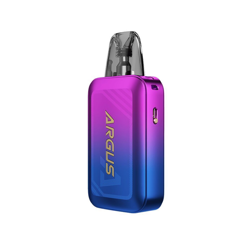 Voopoo Argus A Pod Kit in Phantom Purple mit Farbverlauf von Pink zu Blau, sichtbar mit Pod und seitlichem Knopf, Aufschrift "ARGUS".