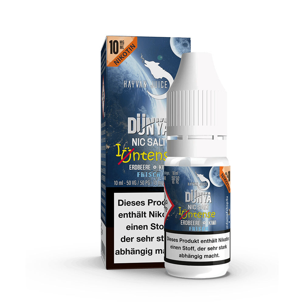 Hayvan Juice Nikotinsalz - Dünya 10mg Hayvan Juice Intense Nikotinsalz-Flasche und Verpackung, 10ml, mit Erdbeere-Kiwi-Geschmack, enthält Nikotinwarnhinweis.