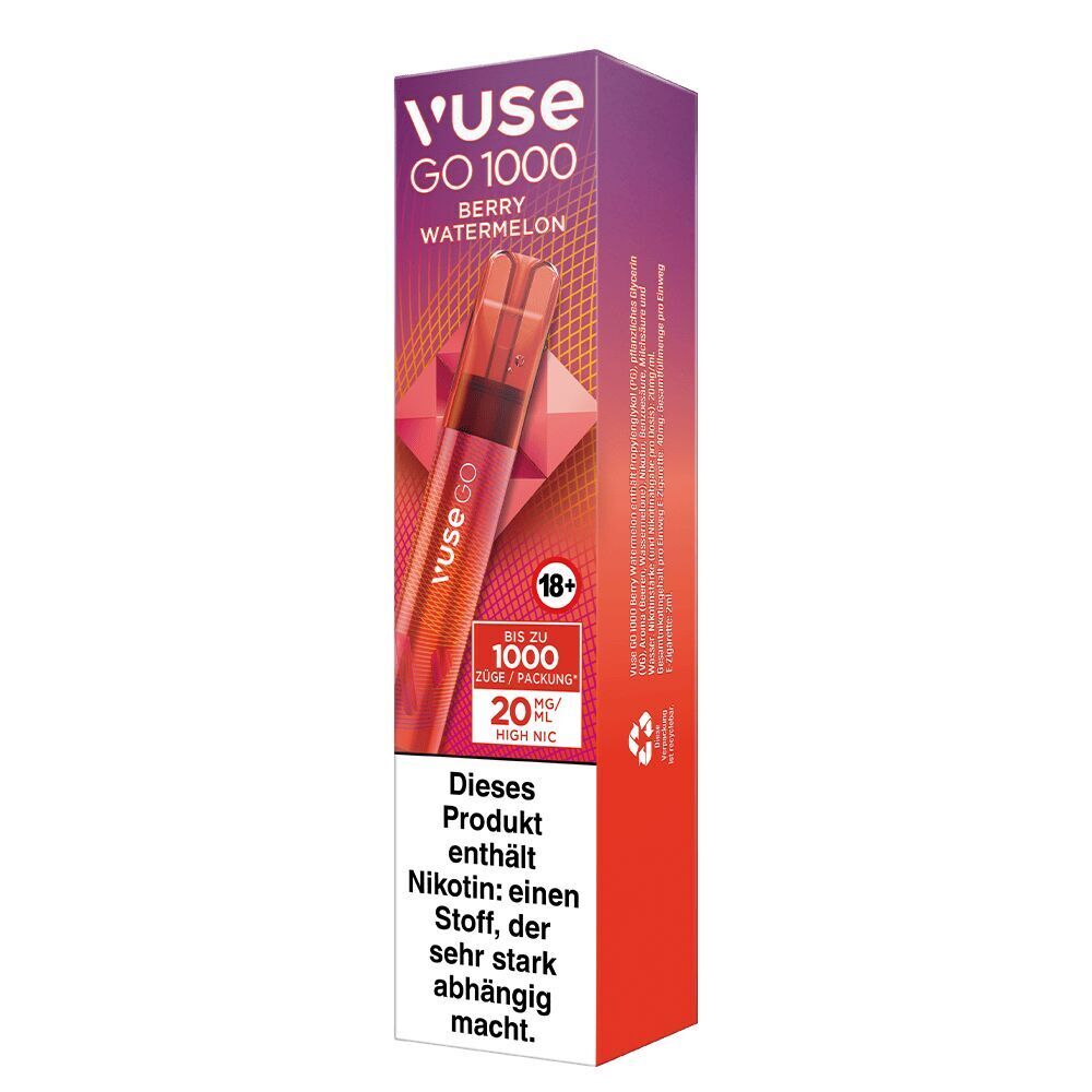 Berry Watermelon 20mg - Vuse GO 1000 Einweg Verpackung von Vuse GO 1000 Berry Watermelon 20mg, zeigt stilisiertes Design mit Warnhinweis zu Nikotin und Angabe zu 1000 Zügen pro Packung