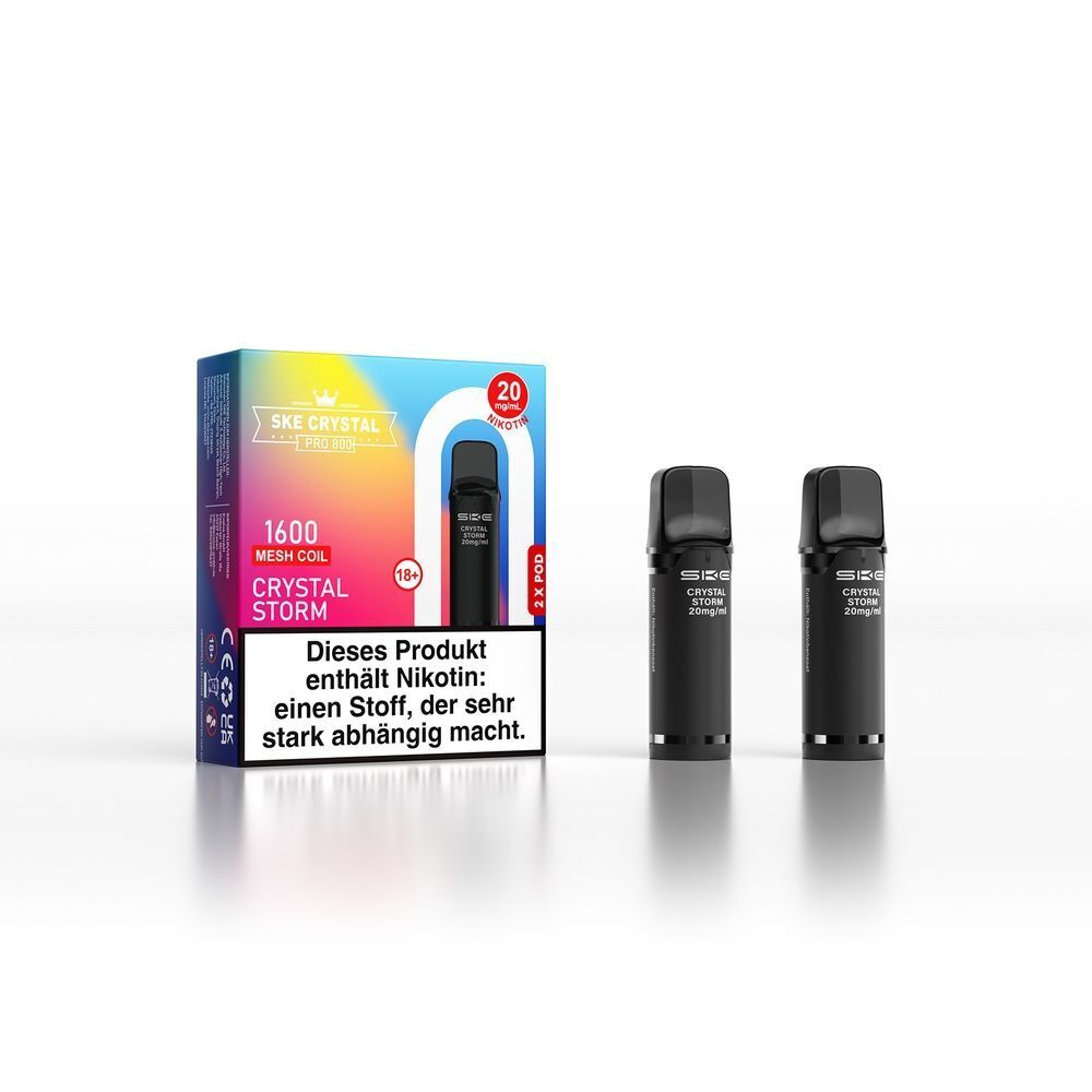SKE Crystal 800 Pro Pods - Crystal Storm Verpackung und zwei schwarze SKE Pods, Crystal Pro Pods - Crystal Storm 20mg; Warnhinweis: enthält Nikotin, abhängig machend
