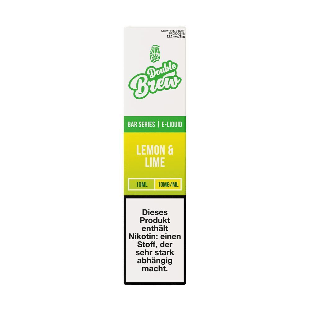 Liquid Lemon & Lime 10mg - Double Brew Double Brew Nikotinsalz Lemon & Lime E-Liquid 10ml Packung, 10mg/ml, mit Warnhinweis zur Nikotinsucht auf der Vorderseite.