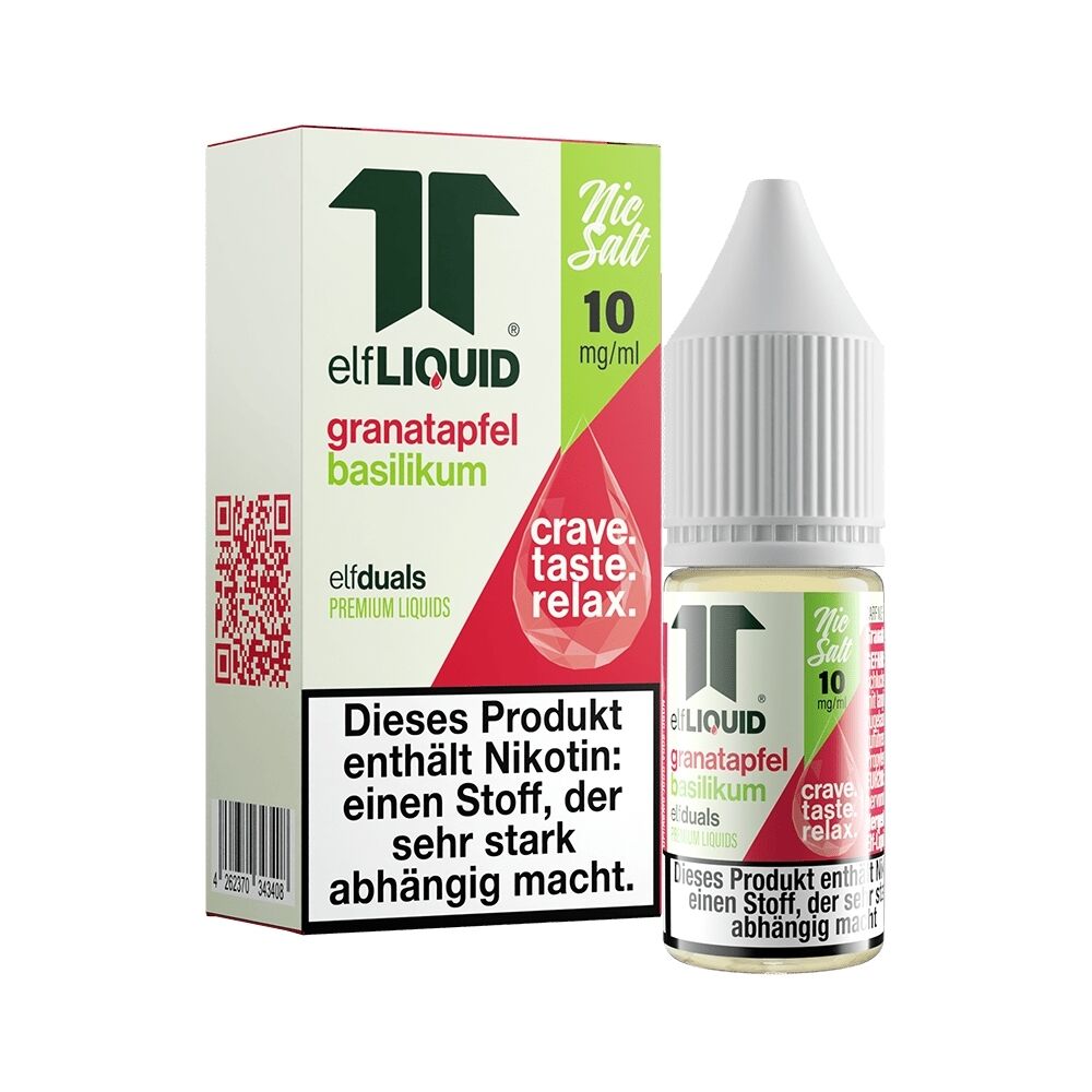 Elf Liquid Nikotinsalz - Granatapfel Basilikum 10mg Elf Liquid Nikotinsalz Granatapfel Basilikum 10mg, mit Verpackung und Flasche, Hinweis auf Nikotinsuchtgefahr sichtbar