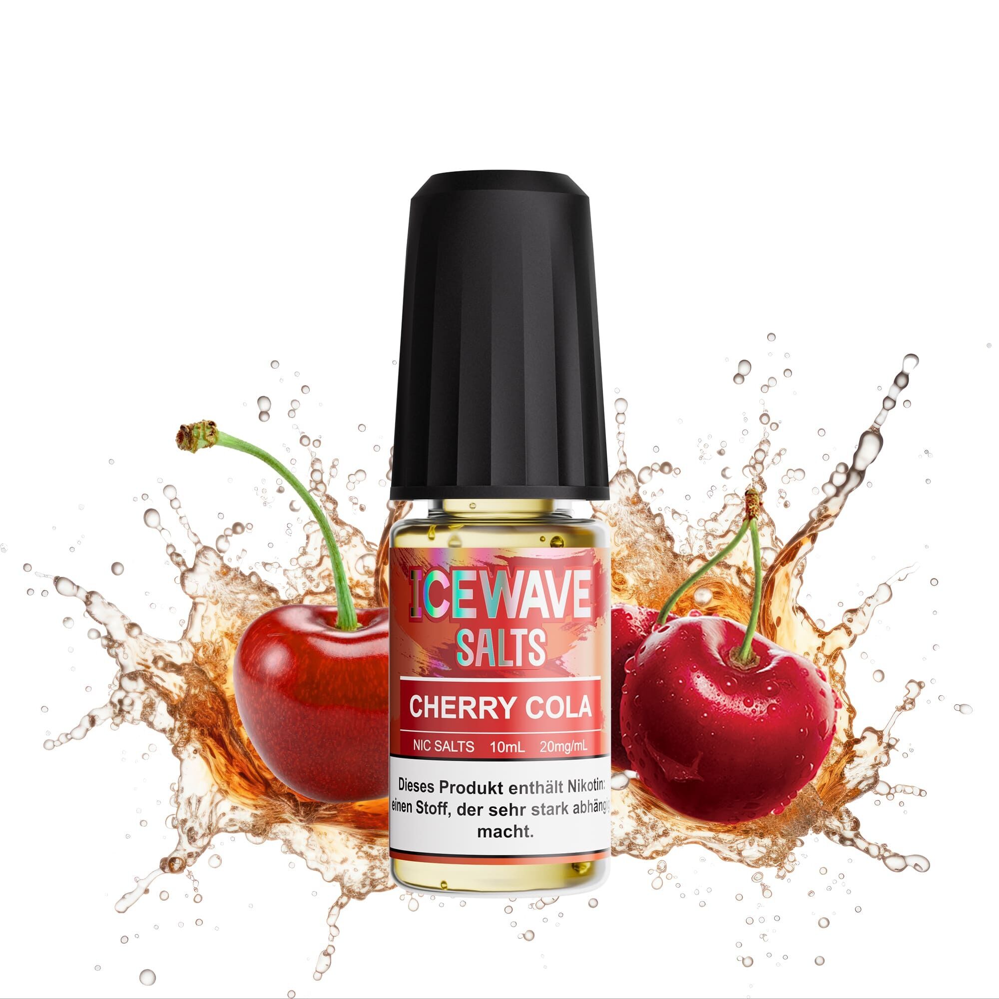 Icewave Nikotinsalz - Cherry Cola 20mg Icewave Nikotinsalzflasche mit Cherry Cola-Geschmack vor spritzendem Cola-Hintergrund und zwei roten Kirschen, 20mg/ml Nikotin.