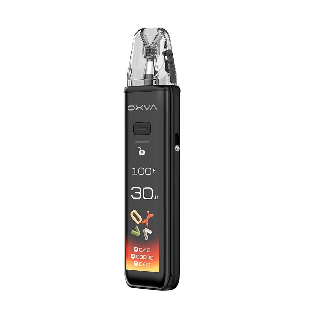 Oxva Xlim 3 Ultra Pod Kit - Ultra Carbon Oxva Xlim 3 Ultra Pod Kit in Schwarz mit transparentem Mundstück, digitaler Anzeige für Leistung, Ohm und Füllstandanzeigen.