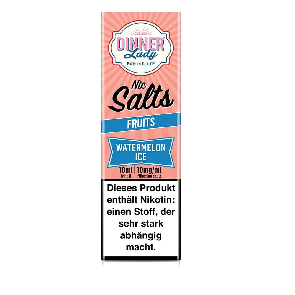 Dinner Lady Nikotinsalz Watermelon Ice, rosa Verpackung, 10ml Inhalt, enthält Nikotin, Warnhinweis über Abhängigkeit unten.