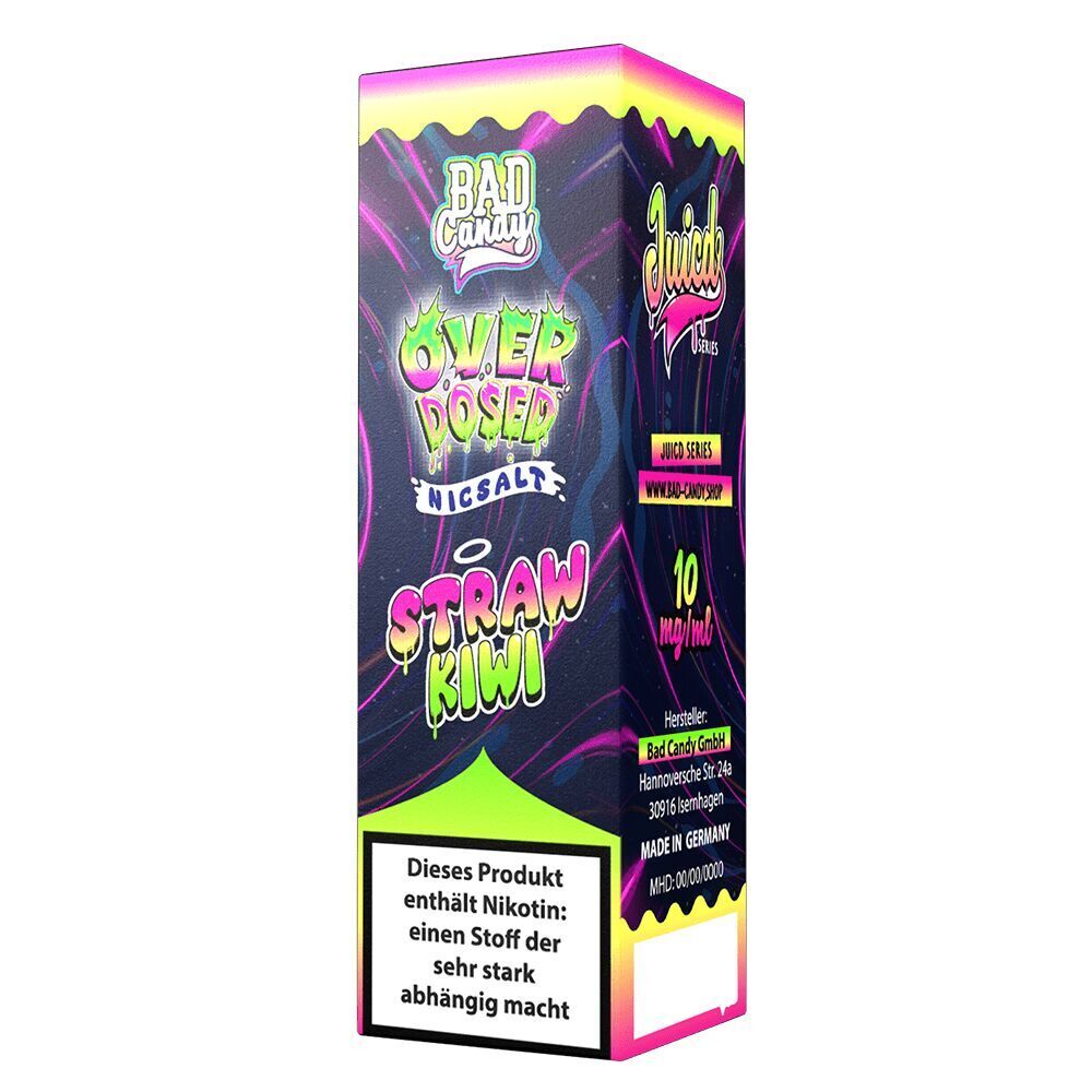 Liquid Straw Kiwi 20mg - Bad Candy Overdosed Verpackung von Bad Candy Overdosed Nicsalt Straw Kiwi mit buntem Design, Aufschrift 10 mg/ml und Warnhinweis zu Nikotinabhängigkeit.