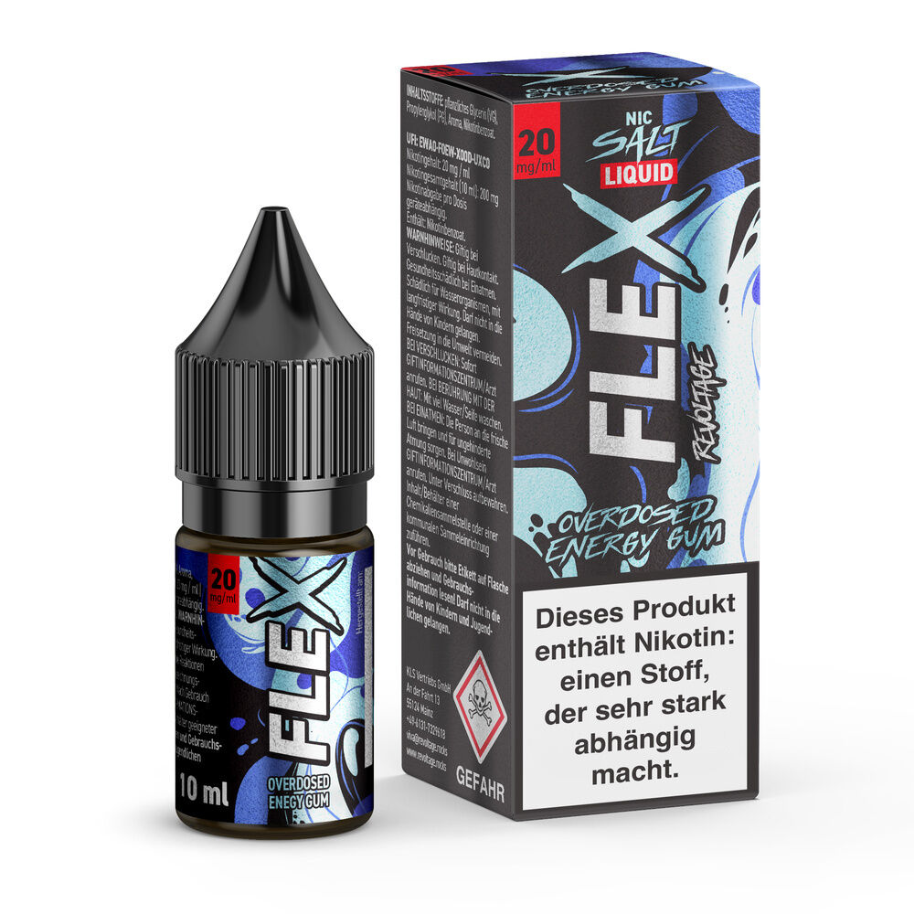 Flasche und Verpackung des Revoltage Flex Nikotinsalz-Liquids Energy Gum 20mg; Verpackung mit Warnhinweis über Nikotinabhängigkeit.