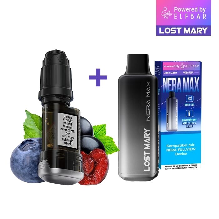 Lost Mary Nera Max 15K Pods - Blueberry Cherry Blackberry 20mg Lost Mary Nera Max 15K Pod und Verpackung, abgebildet mit Früchten wie Blaubeere, Kirsche und Brombeere, Hinweis auf Nikotin.