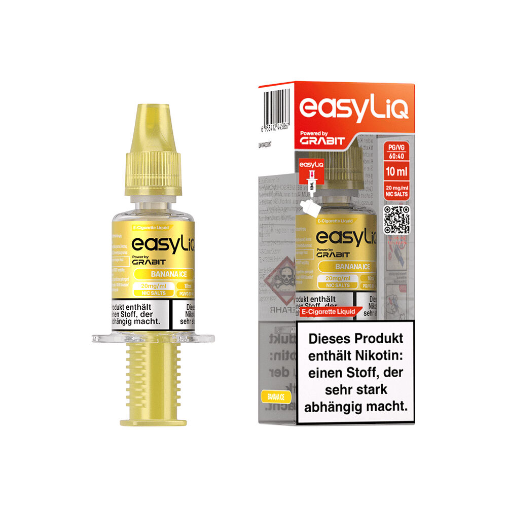 Grabit EasyLiQ Liquid - Banana Ice 20mg Ein gelbes E-Zigaretten-Liquid-Fläschchen mit der Aufschrift Grabit EasyLiQ Banana Ice 20mg und einem Warnhinweis auf Nikotin, neben Verpackung.