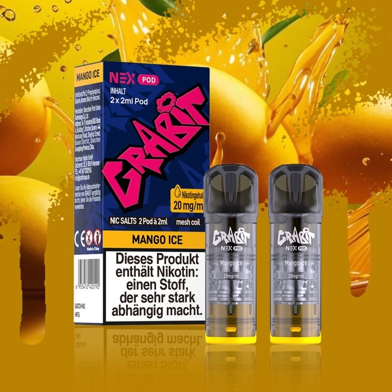 Grabit Nex Pods (2 Stück) Grabit Nex Pods Verpackung und zwei Pods in Mango Ice Geschmacksrichtung mit 20mg Nikotingehalt, gelber Hintergrund, Fruchtspritzer.