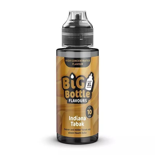 Aroma Indiana Tabak von Big Bottle Flavours Flasche Big Bottle Flavours Aroma Indiana Tabak mit braunem Etikett, schwarz-silbernem Verschluss und Aufschrift "Feiner und milder Tabak"