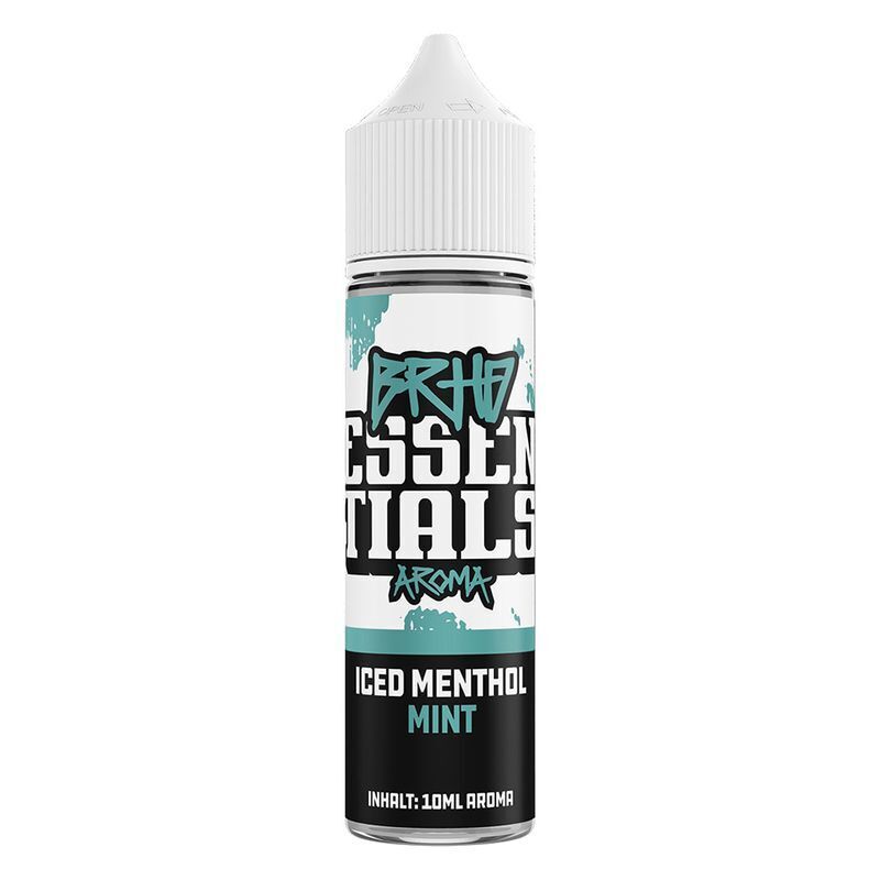 Aroma Iced Menthol Mint von BRHD BRHD Essentials Aroma-Flasche mit der Aufschrift "Iced Menthol Mint", flachen Deckel und schwarzem, weißem Design mit türkisem Akzent.