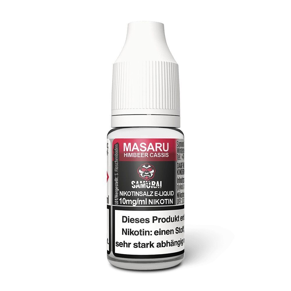Liquid Masaru Himbeer Cassis 10mg - Samurai Flasche mit rotem Etikett, Aufschrift "Masaru Himbeer Cassis", darunter Samurai-Logo und Hinweis auf Nikotinsalz, weiße Kappe