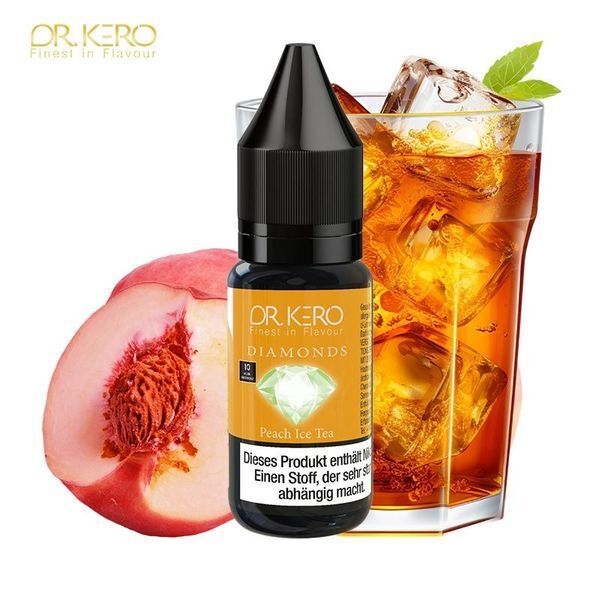 Liquid Peach Ice Tea mit 10mg Nikotin von Dr. Kero Diamonds v2 Dr. Kero Diamonds v2 Nikotinsalz-Flasche Peach Ice Tea vor einem halben Pfirsich und einem Glas Eistee mit Eiswürfeln