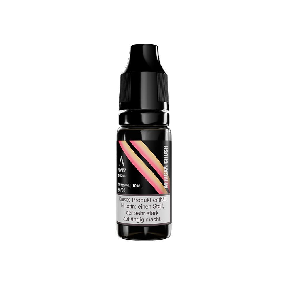 Liquid African Crush 10mg - Adalya Nikotinsalz Flasche Adalya Nikotinsalz African Crush, 10ml, 10mg/ml, mit buntem Etikett und Warnhinweis vor Nikotinabhängigkeit