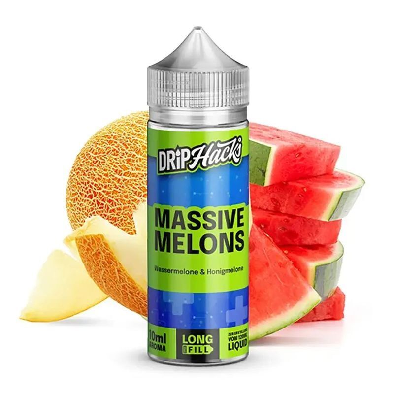 Aroma Massive Melons von Drip Hacks Drip Hacks Aroma Massive Melons Flasche vor Wassermelonen- und Honigmelonenstücken, 10ml Aroma, Longfill Design