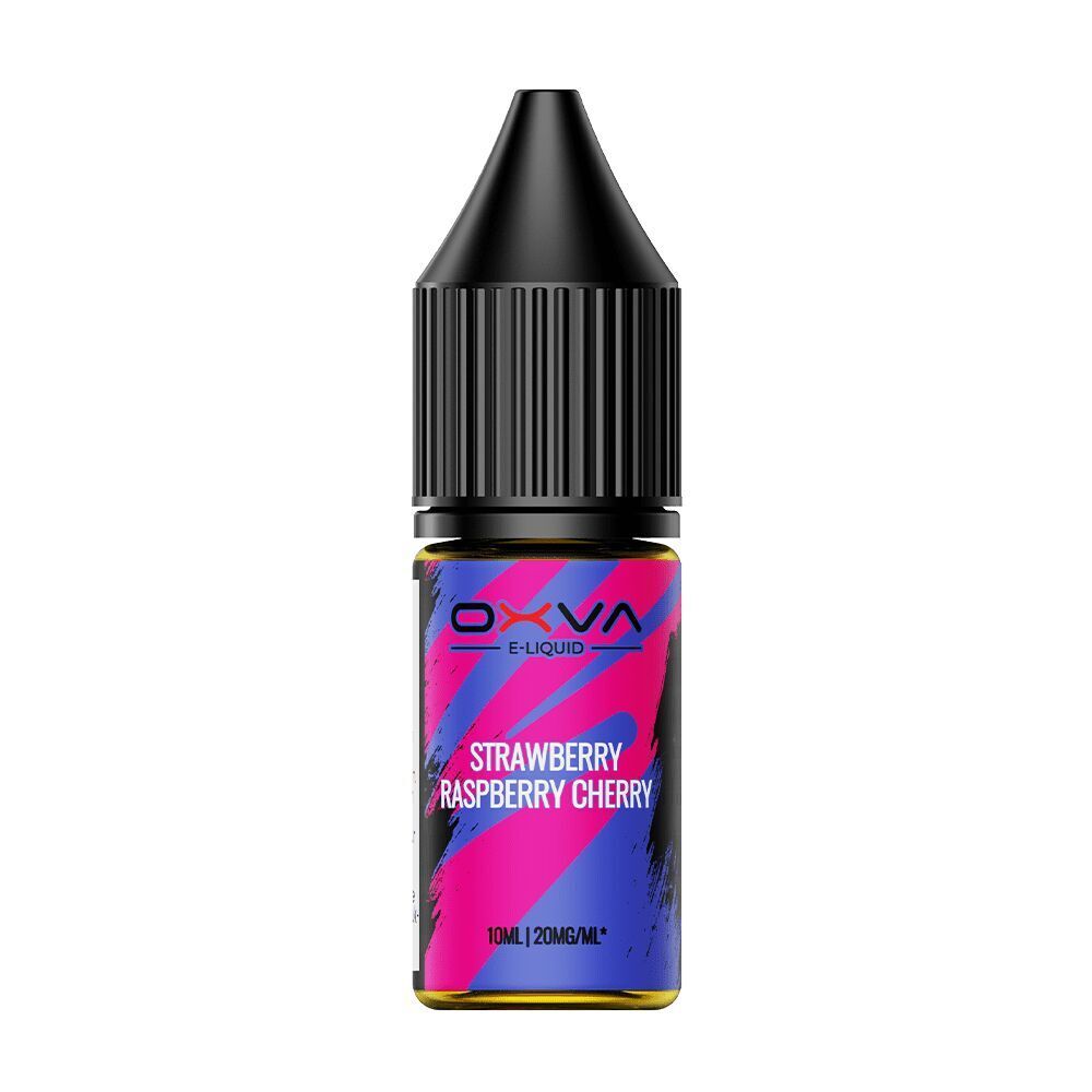 Oxva Nikotinsalz-Fläschchen mit der Aufschrift Strawberry Raspberry Cherry, pink-blaues Label, 10ml, 20mg/ml.
