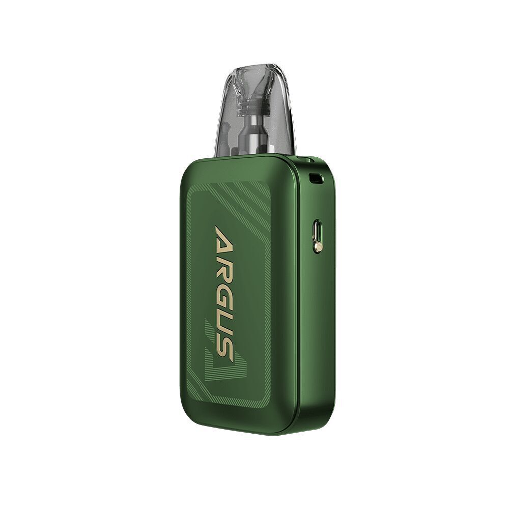 Voopoo Argus A Pod Kit in Racing Green mit transparentem Mundstück und seitlichem Ladesteckplatz, Schriftzug "ARGUS" sichtbar