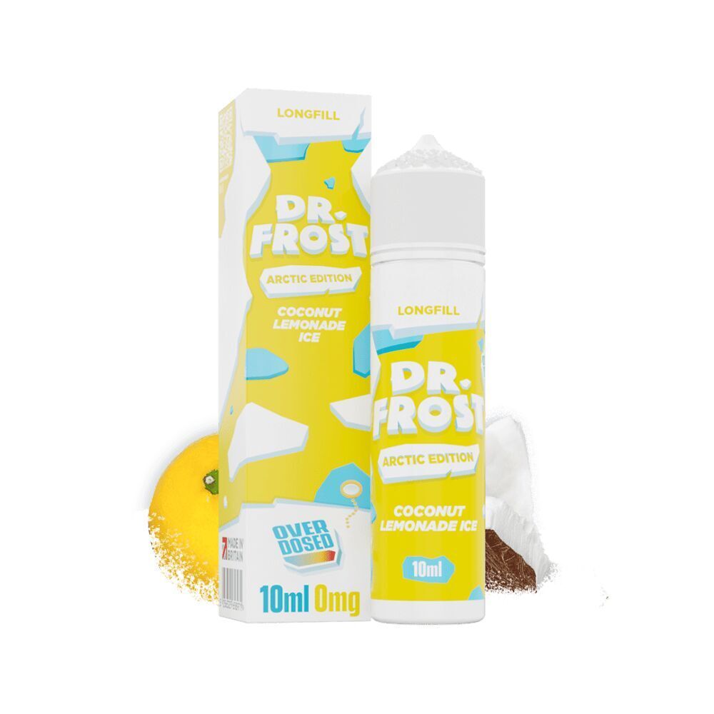 Aroma Coconut Lemonade Ice - Dr. Frost Dr. Frost Aroma Coconut Lemonade Ice Flasche und Verpackung, gelb-weißes Design mit blauen Akzenten, Zitrone und Kokosnuss im Hintergrund