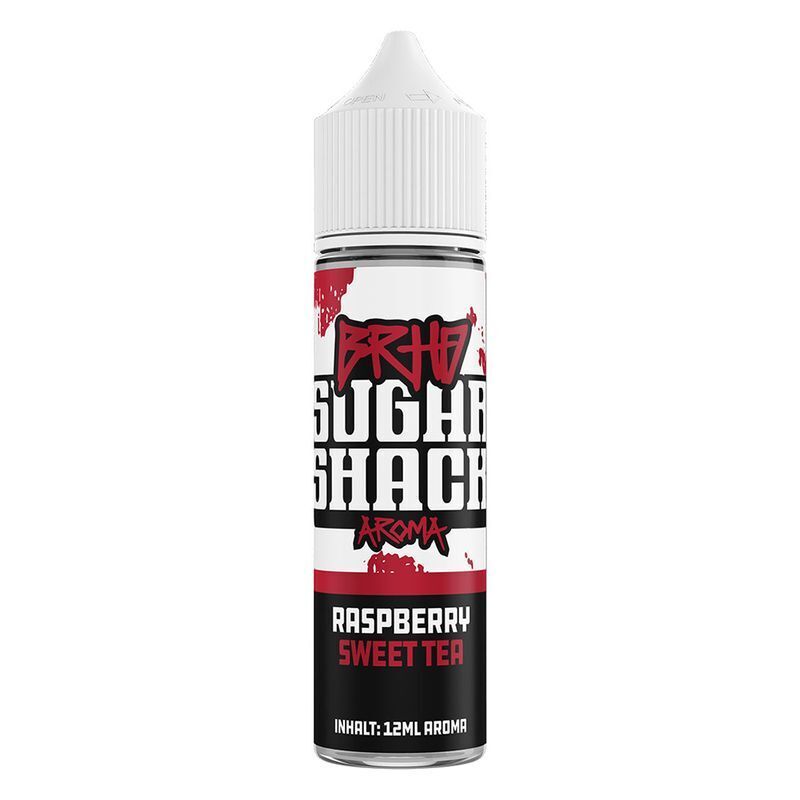 Aroma Raspberry Sweet Tea von BRHD BRHD Sugar Shack Aroma-Flasche mit schwarzem und weißem Design, Aufschrift "Raspberry Sweet Tea", enthält 12ml Aroma.
