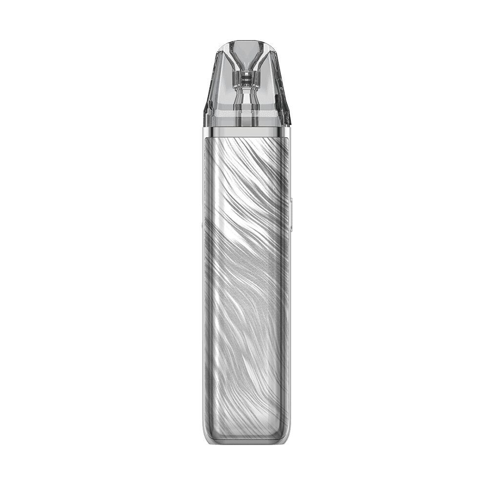 Oxva Xlim Pro 2 Pod Kit in Platinum Gray mit schlankem Design und strukturiertem Muster auf der Frontansicht, transparente Kappe oben.