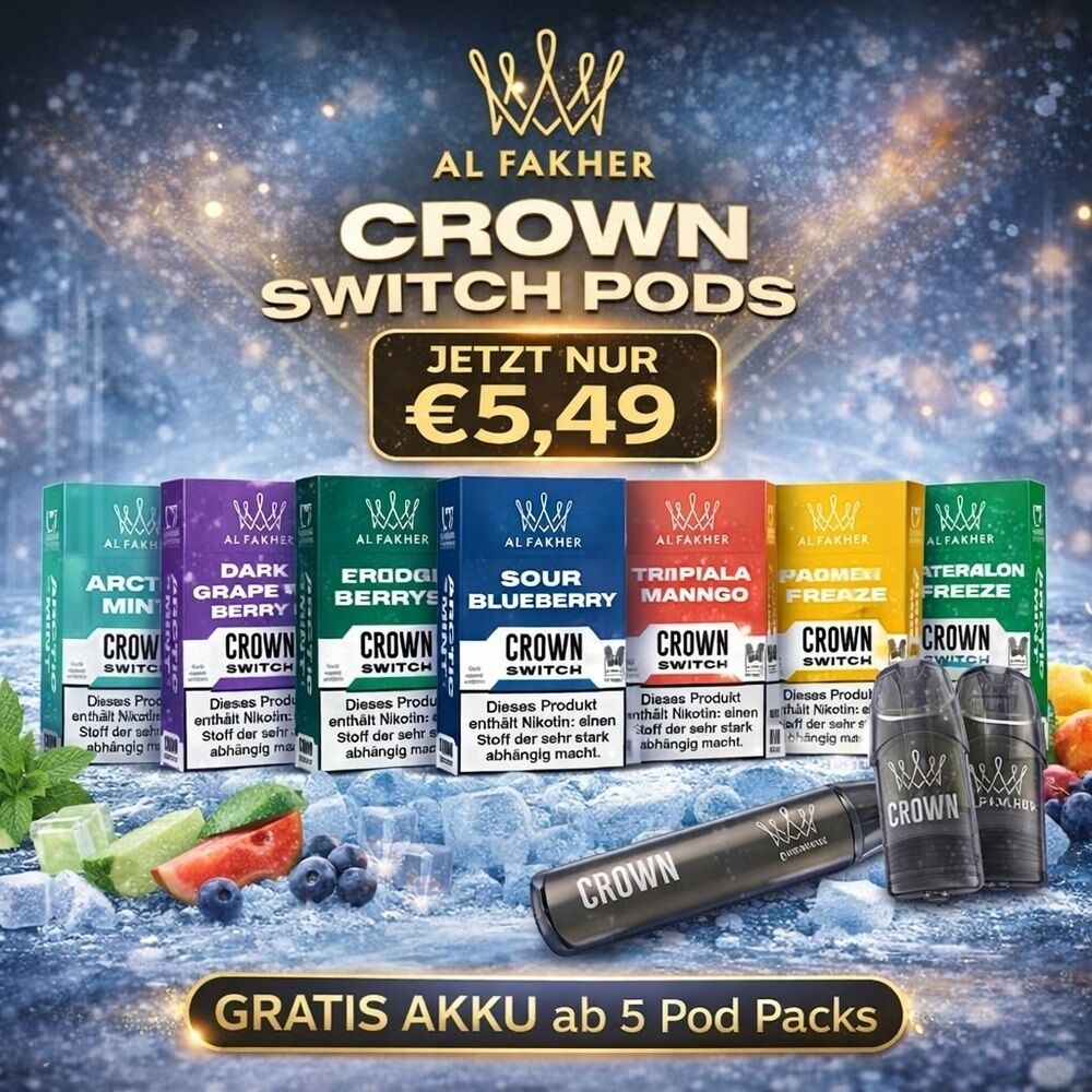 Al Fakher Crown Switch Pods - 18mg Nikotinsalz Al Fakher Crown Switch Pods in verschiedenen Geschmacksrichtungen und Packungen, jetzt für 5,49 €, mit gratis Akku ab 5 Pod Packs.