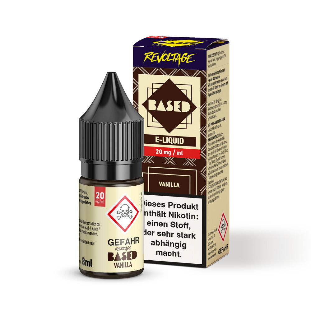 Revoltage Based Hybrid Liquid - Vanilla Revoltage Based Hybrid Liquid Vanilla 20mg, kleine Flasche mit schwarzem Verschluss, rote Nikotinstärkeanzeige und Warnsymbolen.