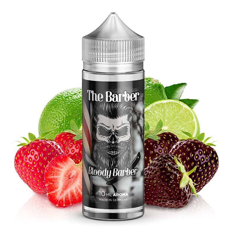 Aroma Bloody Barber von Kapkas Flasche Kapkas Aroma Bloody Barber mit Totenkopf- und Rasierdesign, umgeben von Erdbeeren, Limette und Brombeeren.
