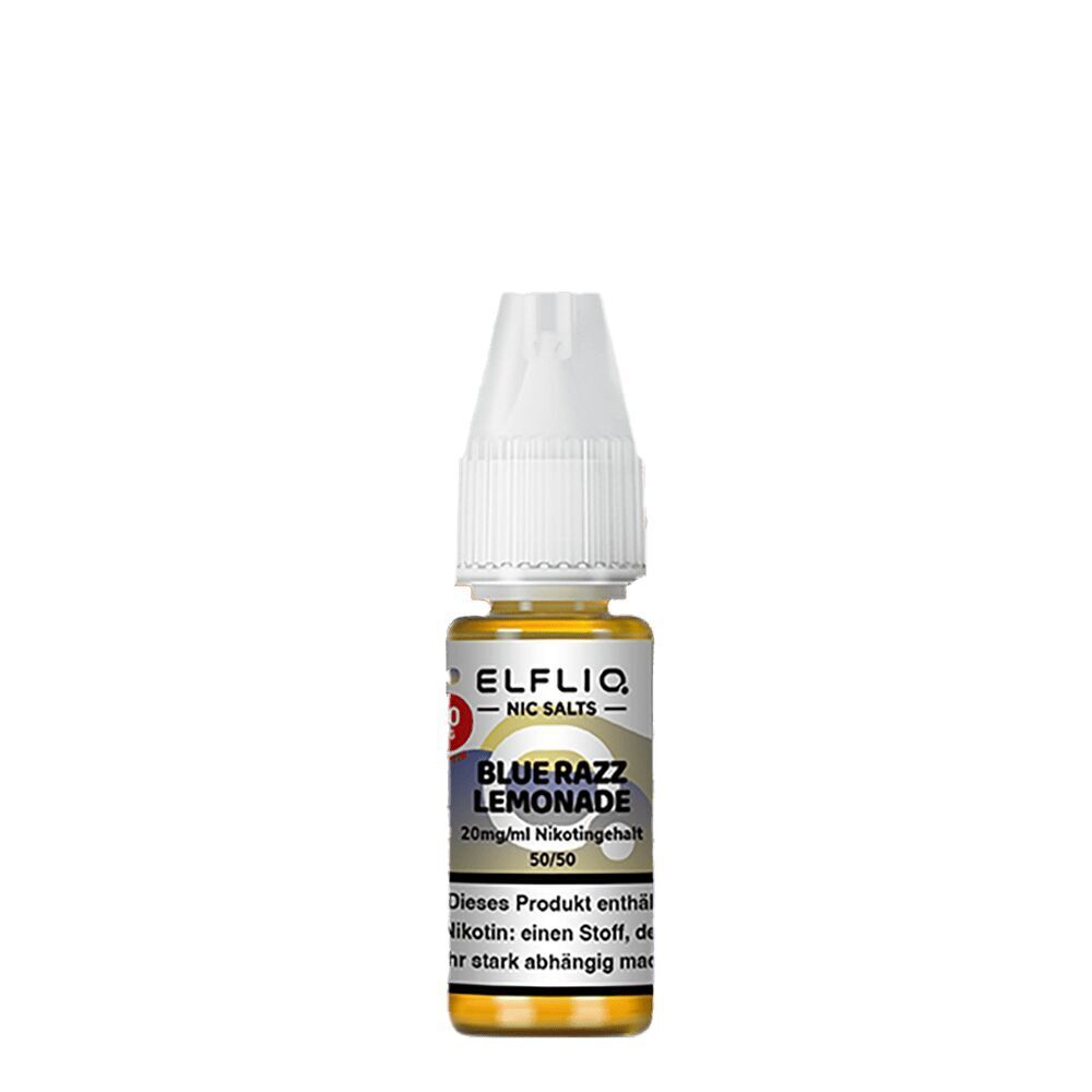 Elfliq Nikotinsalz - Blue Razz Lemoande 20mg Elfliq Blue Razz Lemonade Nikotinsalz-Fläschchen mit 20 mg/ml Nikotingehalt und weißem Verschluss, klare Vorderseite mit Produktinformationen.