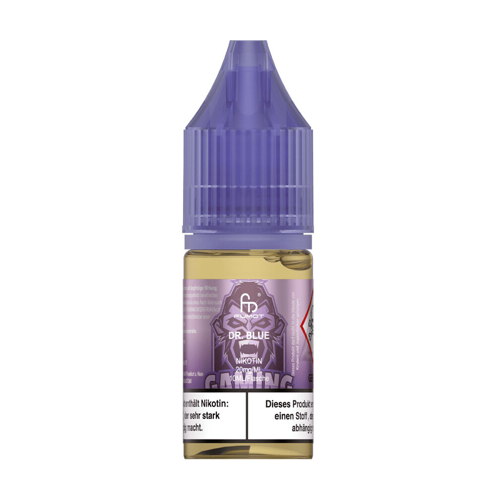 RandM Tornado Nikotinsalz Liquid RandM Tornado Nikotinsalz Liquid Dr.Blue 20mg Flasche mit violettem Etikett und Verschluss, deutlich erkennbarer Wolf und Warnhinweise.