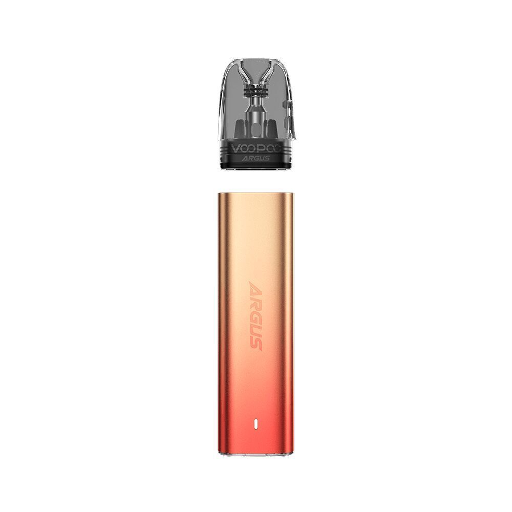Voopoo Argus G2 Mini Pod Kit in SunSet-Orange mit schwarzem transparenten Pod oben, vertikaler Farbverlauf von Braun zu Rot, Argus-Logo sichtbar.