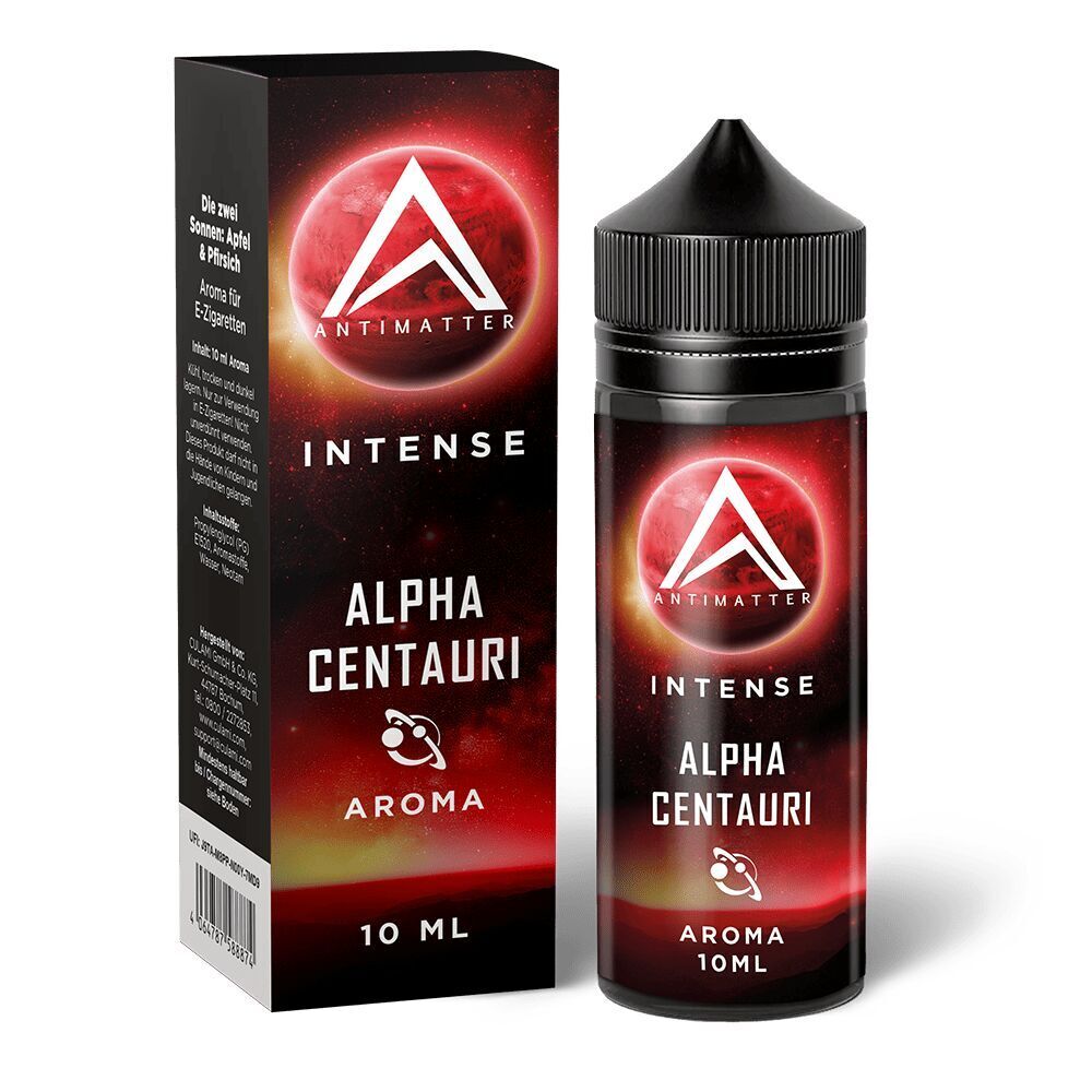 Antimatter Intense Aroma Alpha Centauri 10 ml Flasche und Verpackung mit rotem Planetenmotiv und weißem Logo auf schwarzem Hintergrund.