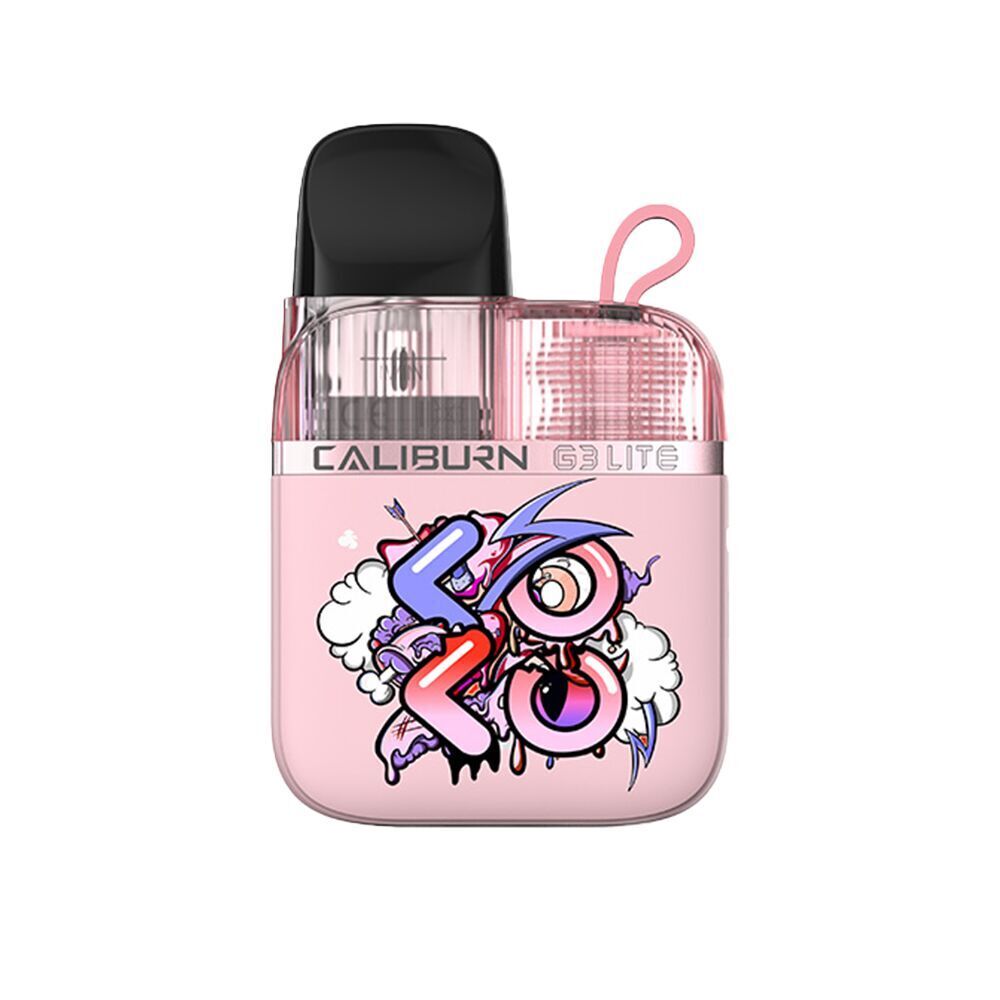 Uwell Caliburn G3 Lite Koko Pod Kit - Graffiti Pink Uwell Caliburn G3 Lite Koko Pod Kit in Graffiti Pink mit auffälligem Graffiti-Design und transparenter Oberseite, Logo "Caliburn" sichtbar.