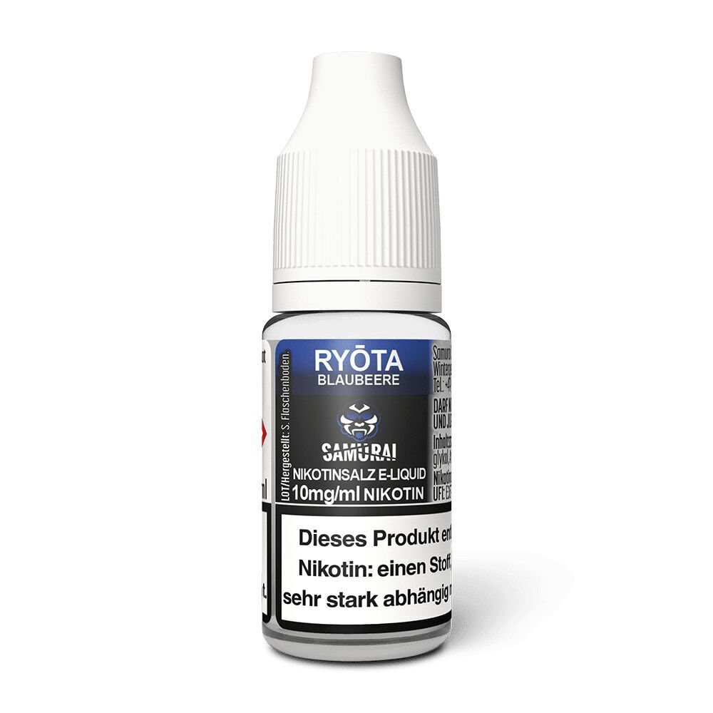 Liquid Ryota Blaubeere 10mg - Samurai Samurai Nikotinsalz Ryota Blaubeere E-Liquid Flasche mit Sicherheitsverschluss, 10mg/ml Nikotin, Warnhinweis auf dem Etikett.