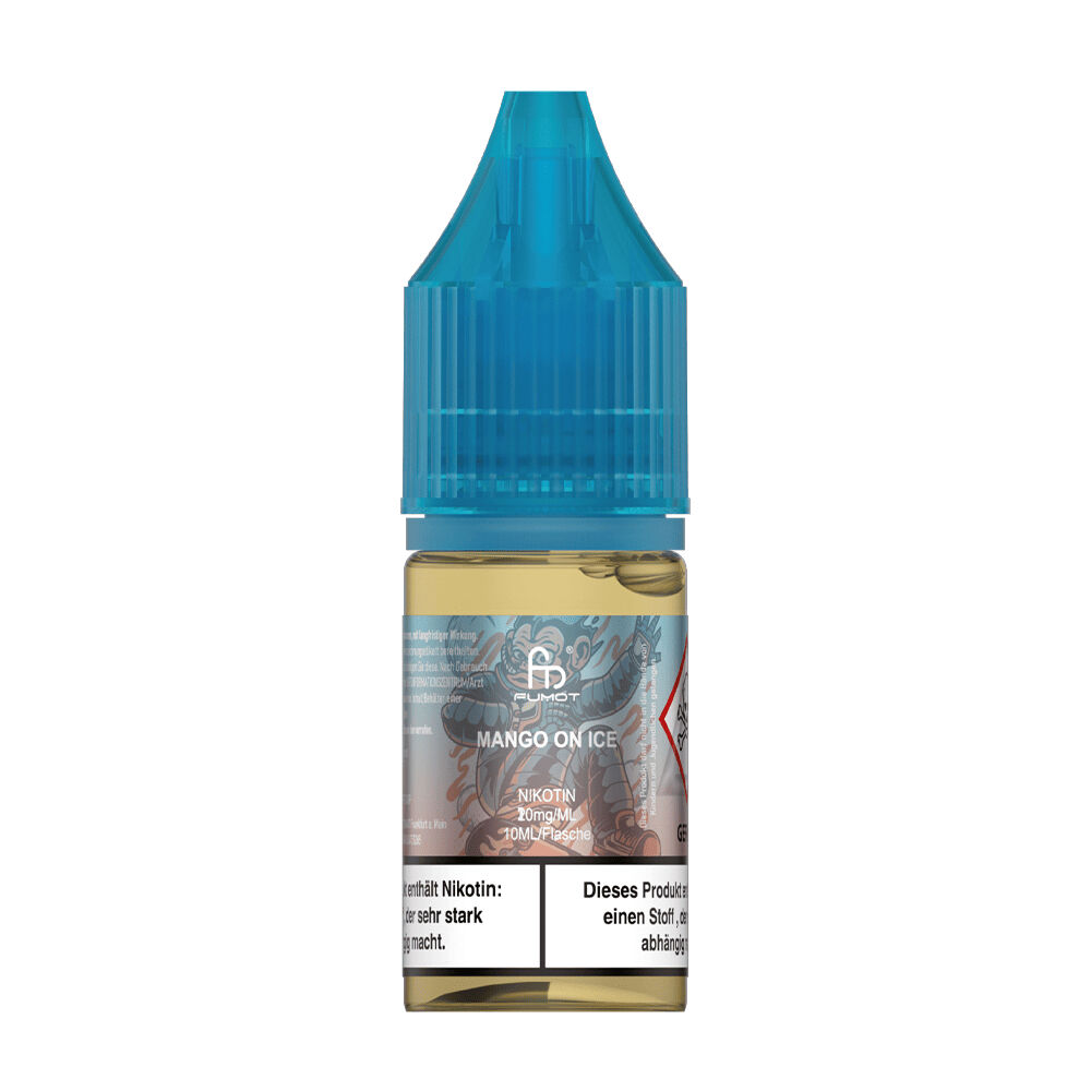 RNM119 RandM Tornado Nikotinsalz Liquid Mango on Ice 10mg Flasche mit blauem Verschluss, Etikett mit Warnhinweis und Produktdetails sichtbar