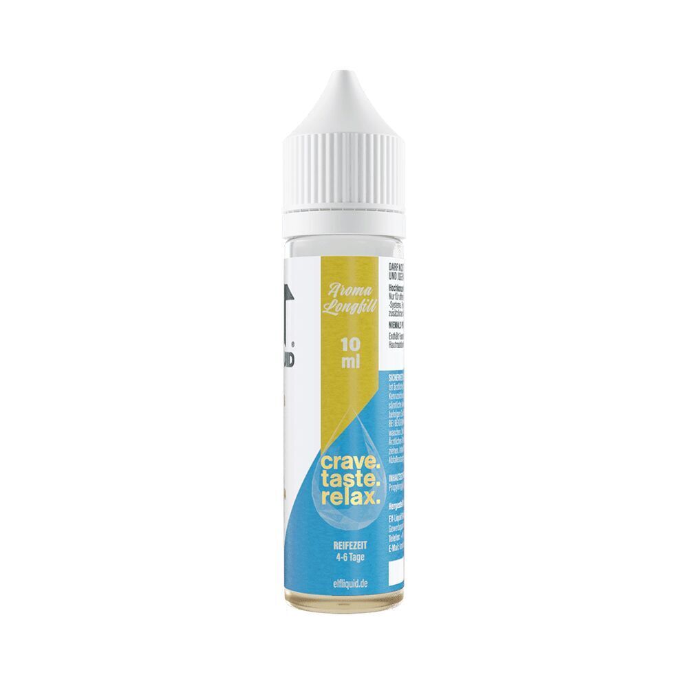 Elf Liquid Aroma - Kokos Ananas Elf Liquid Aroma-Flasche mit Kokos-Ananas-Geschmack, 10 ml Inhalt, weißer Verschluss, bunter Aufdruck mit Slogan „crave, taste, relax“