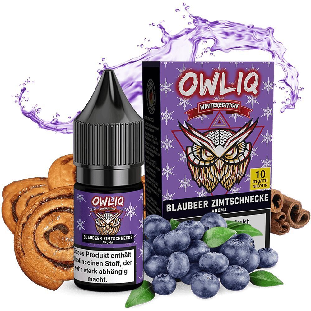 Owliq Nikotinsalz - Blaubeer Zimtschnecke Owliq Nikotinsalz-Flasche und Verpackung mit Eule-Motiv, umgeben von Blaubeeren, Zimtstangen und Zimtschnecken; enthält 10 mg Nikotin.