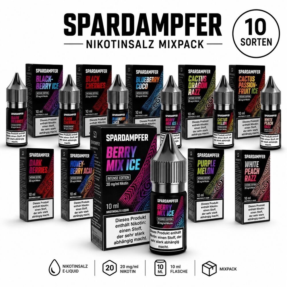 spardampfer-intense-nikotinsalz-mixpack-20mg.jpg Spardampfer Nikotinsalz Liquid Mixpack mit 10 Sorten, 20 mg Nikotin, enthält Flaschen in verschiedenen Geschmacksrichtungen wie Berry Mix Ice und Black Berry Ice