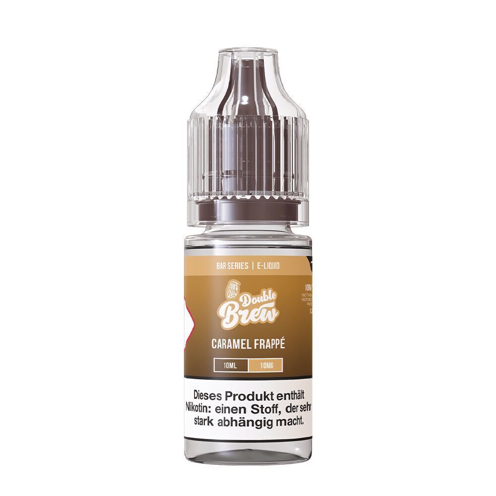 Liquid Caramel Frappe 10mg - Double Brew Flasche Double Brew Nikotinsalz in der Geschmacksrichtung Caramel Frappe, 10ml, mit 10mg Nikotin, braunes Etikett und Warnhinweis.