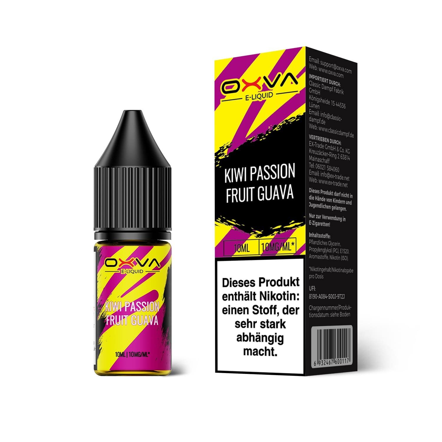 Liquid Kiwi Passion Fruit Guava mit 10mg Nikotin von Oxva Oxva Nikotinsalz Kiwi Passion Fruit Guava 10mg Flasche und Verpackung mit auffälligem Design in Gelb, Pink und Schwarz