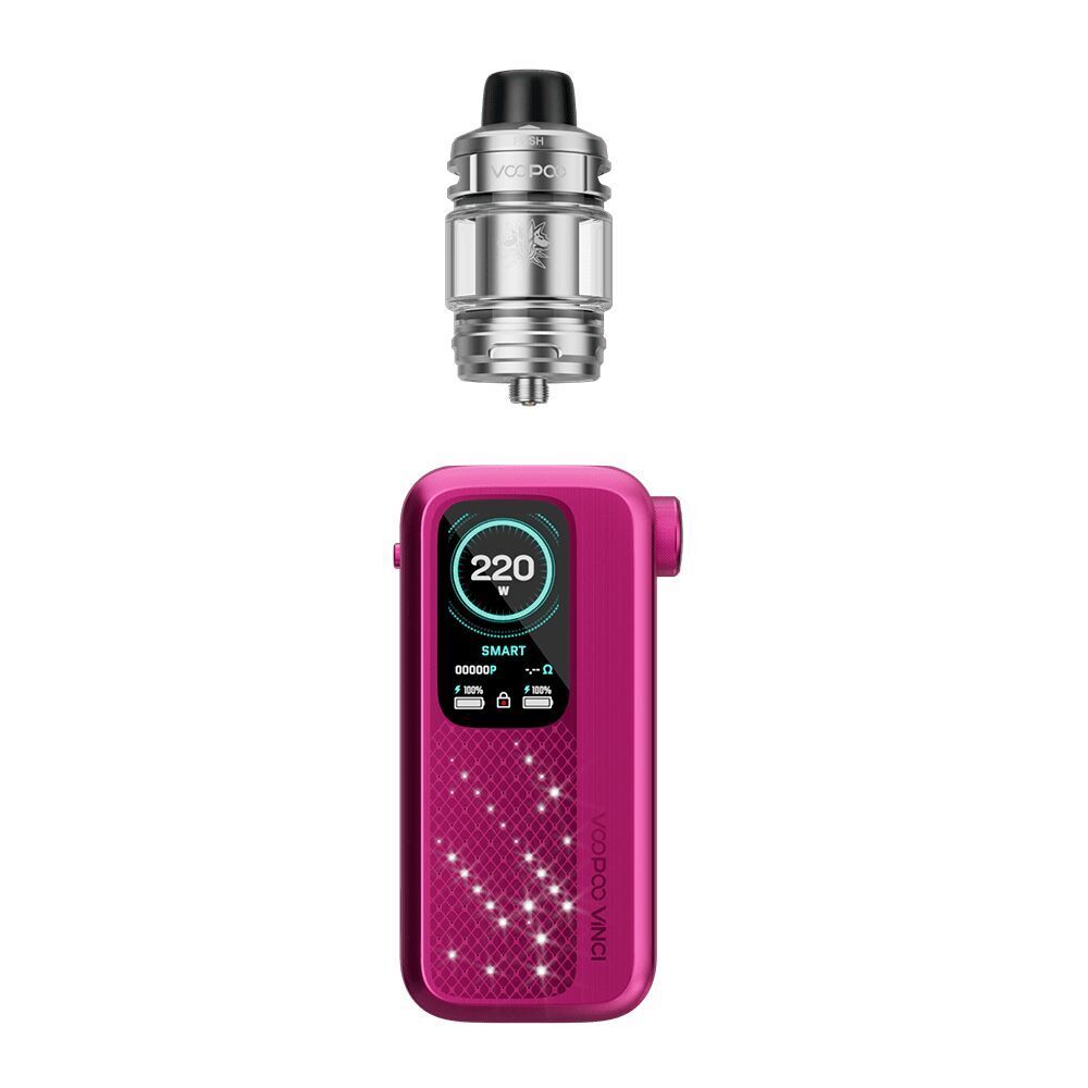 Voopoo Vinci Spark 220 Box Kit in Rose Red mit glitzerndem Design, Displayanzeige 220W, separater silberner Verdampferaufsatz