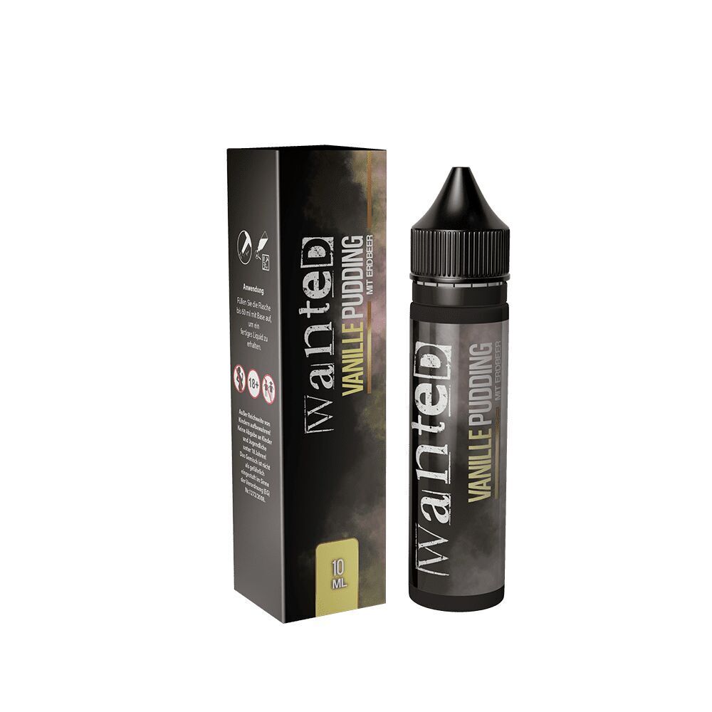 Aroma Vanillepudding Erdbeere von Wanted Packaging und Flasche von Wanted Aroma Vanillepudding mit Erdbeere, 10 ml, schwarze Verpackung mit weißem Schriftzug auf dunklem Hintergrund.