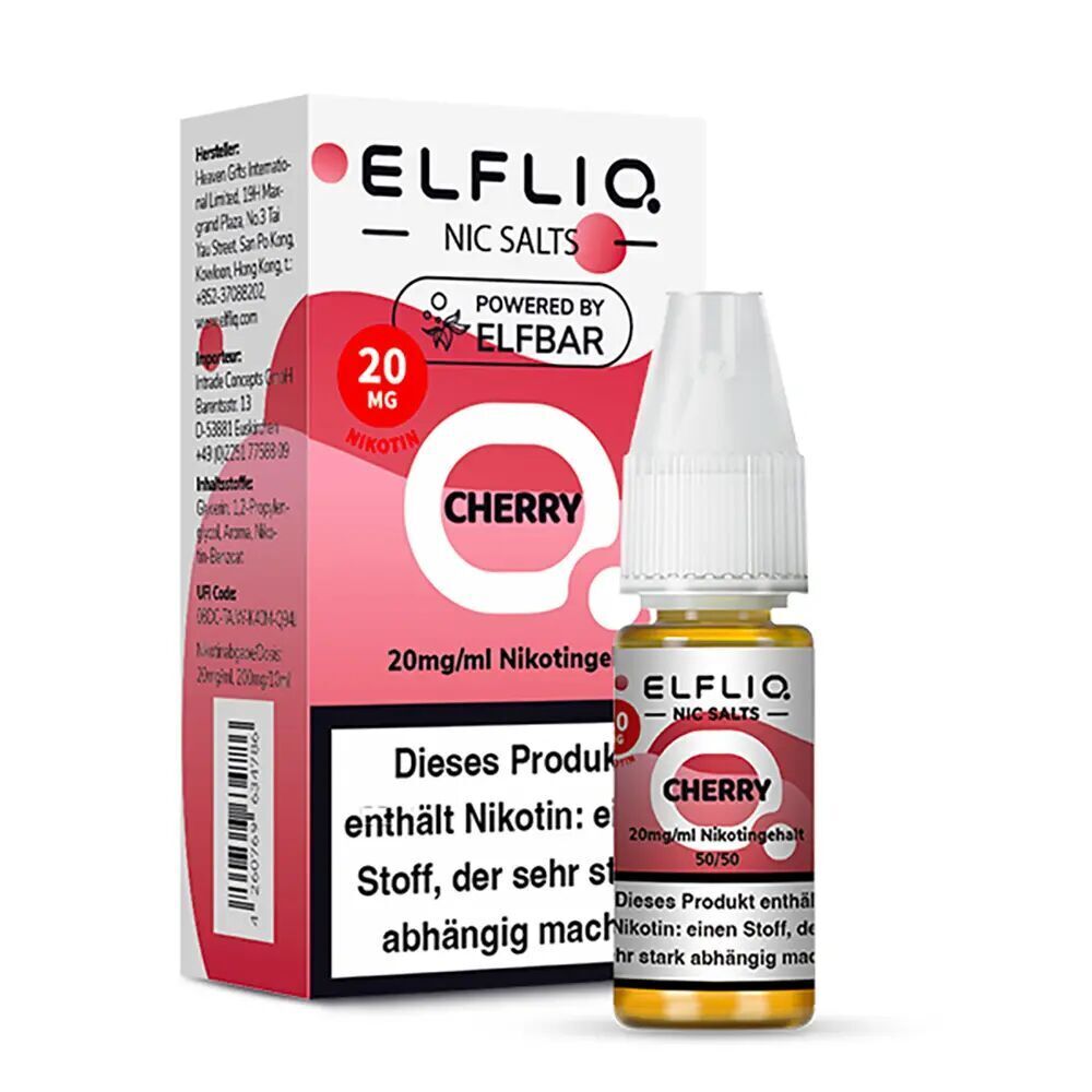 Elfliq Nikotinsalz - Cherry 20mg Flasche und Verpackung von Elfliq Nikotinsalz Cherry 20mg, Produktetiketten mit Warnhinweisen und rotem Design, Marke ELF BAR erkennbar.