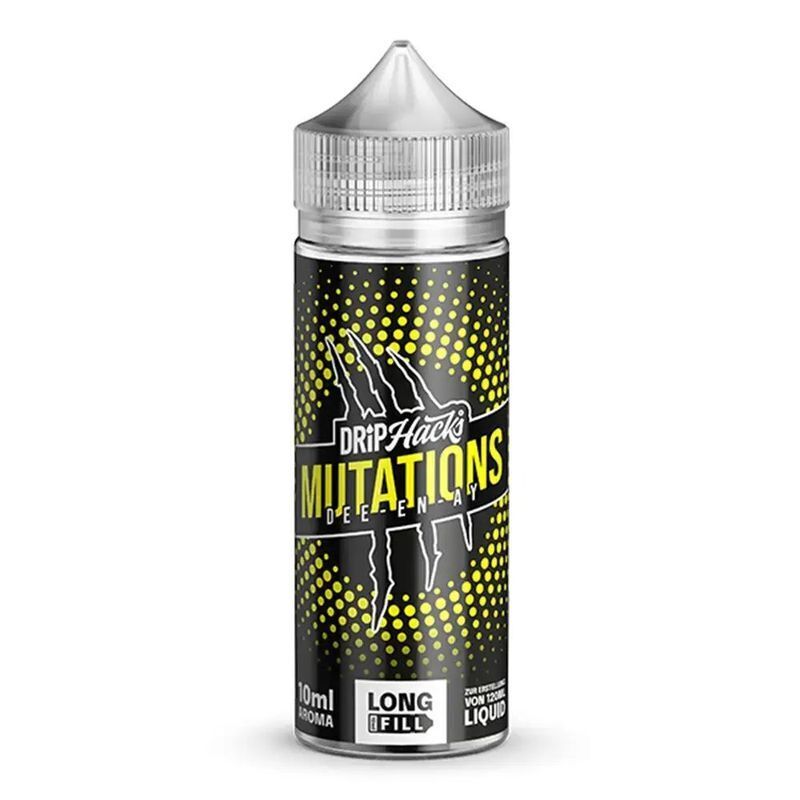 Aroma Mutations Dee En Ay von Drip Hacks Drip Hacks Aroma Flasche, Mutations Dee En Ay; schwarzes Etikett mit gelben Punkten, Kratzspuren-Motiv; 10ml Aroma, Longfill.