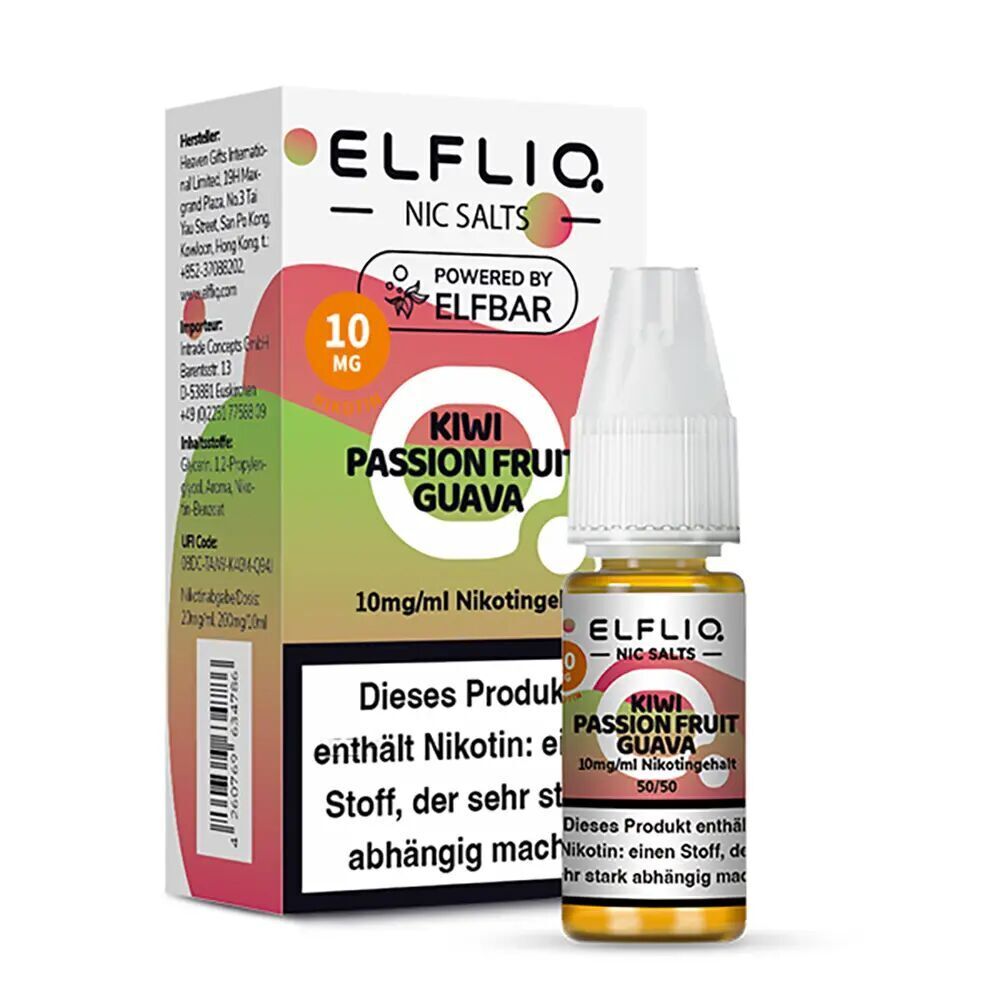 Elfliq Nikotinsalz - Kiwi Passion Fruit Guava 10mg Elfliq Nikotinsalz Kiwi Passion Fruit Guava Flasche vor Verpackung, 10mg Nikotingehalt, mit Warnhinweis auf der Packung.